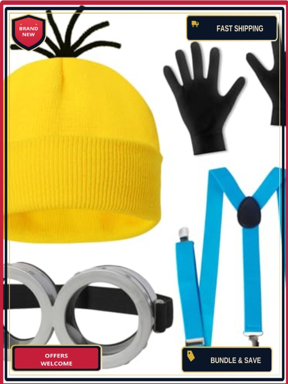 4 Pc Halloween Costume Set Beanie Goggles Gloves Suspenders Adult Cosplay